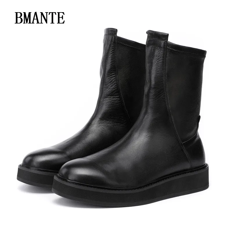 Bmante Genuine Leather Men Shoes Luxury Trainers Male Adult Ankle Boots Casual Lace-up Flatform Black Sneakers Gothic Owen Seak