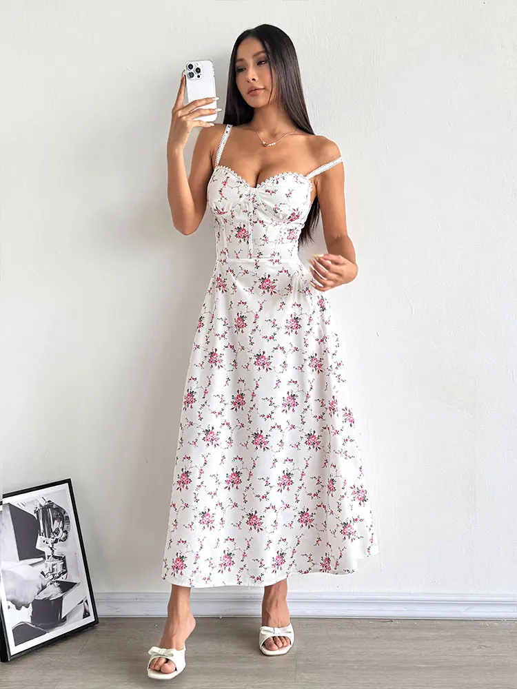 Women Sling Maxi Dresses Summer Streetwear Fashion Print Casual Slim A-Line Dress Lady Sexy Backless Lace V-neck Dress Clothing
