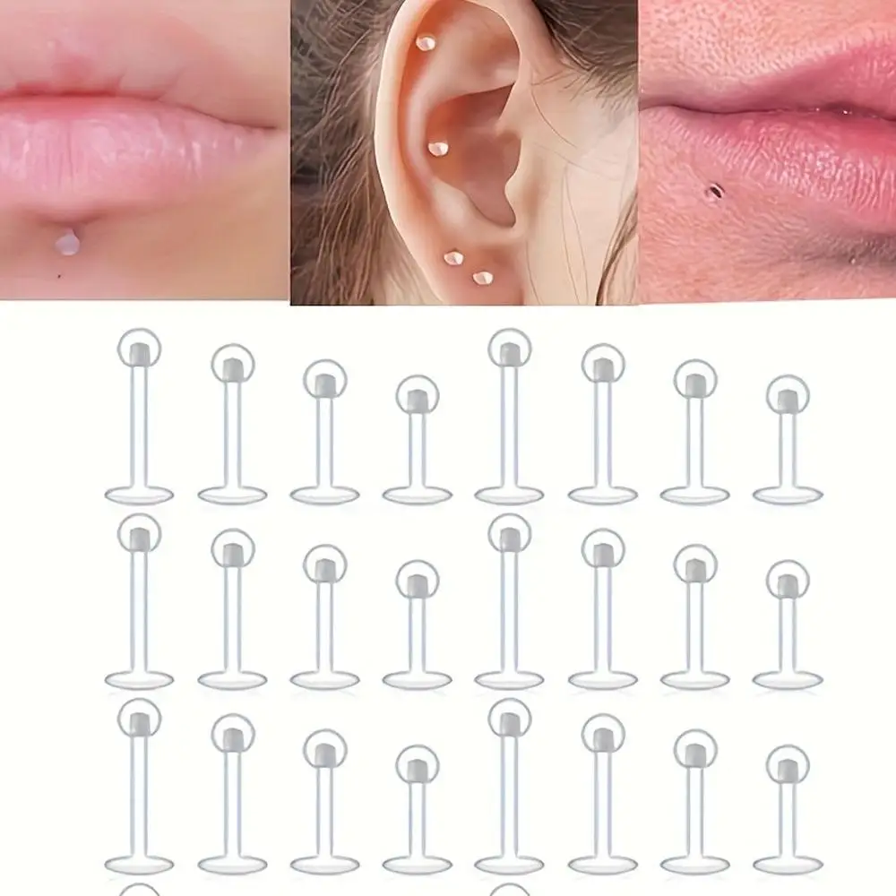 24pcs Set Transparent Flexible Acrylic Ball Lip Piercing Earrings Cartilage Studs Hoops Barbell Jewelry Daily Wear Minimalist