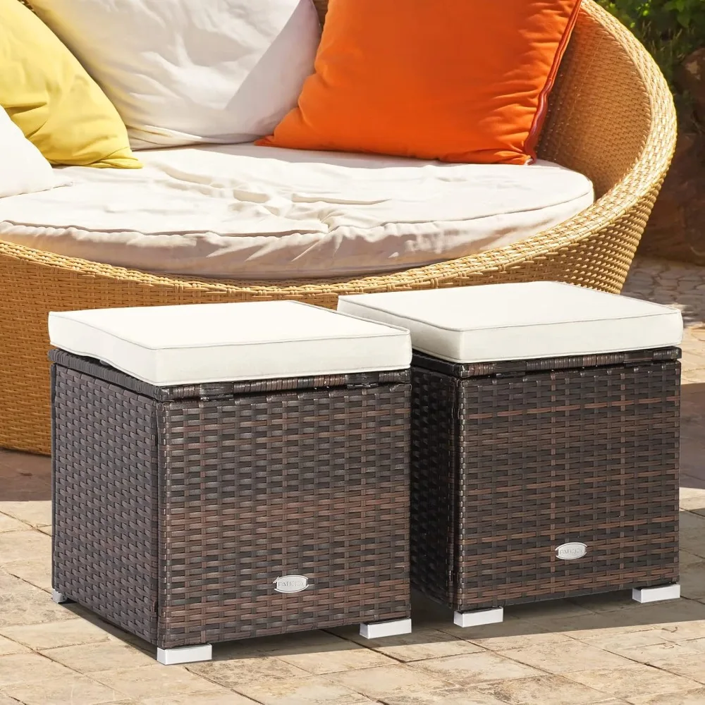 Ottomani da 2 pezzi, tavolino laterale in Rattan intrecciato a mano Patiojoy cuscino rimovibile e spazio di archiviazione nascosto, scatola portaoggetti multifunzionale