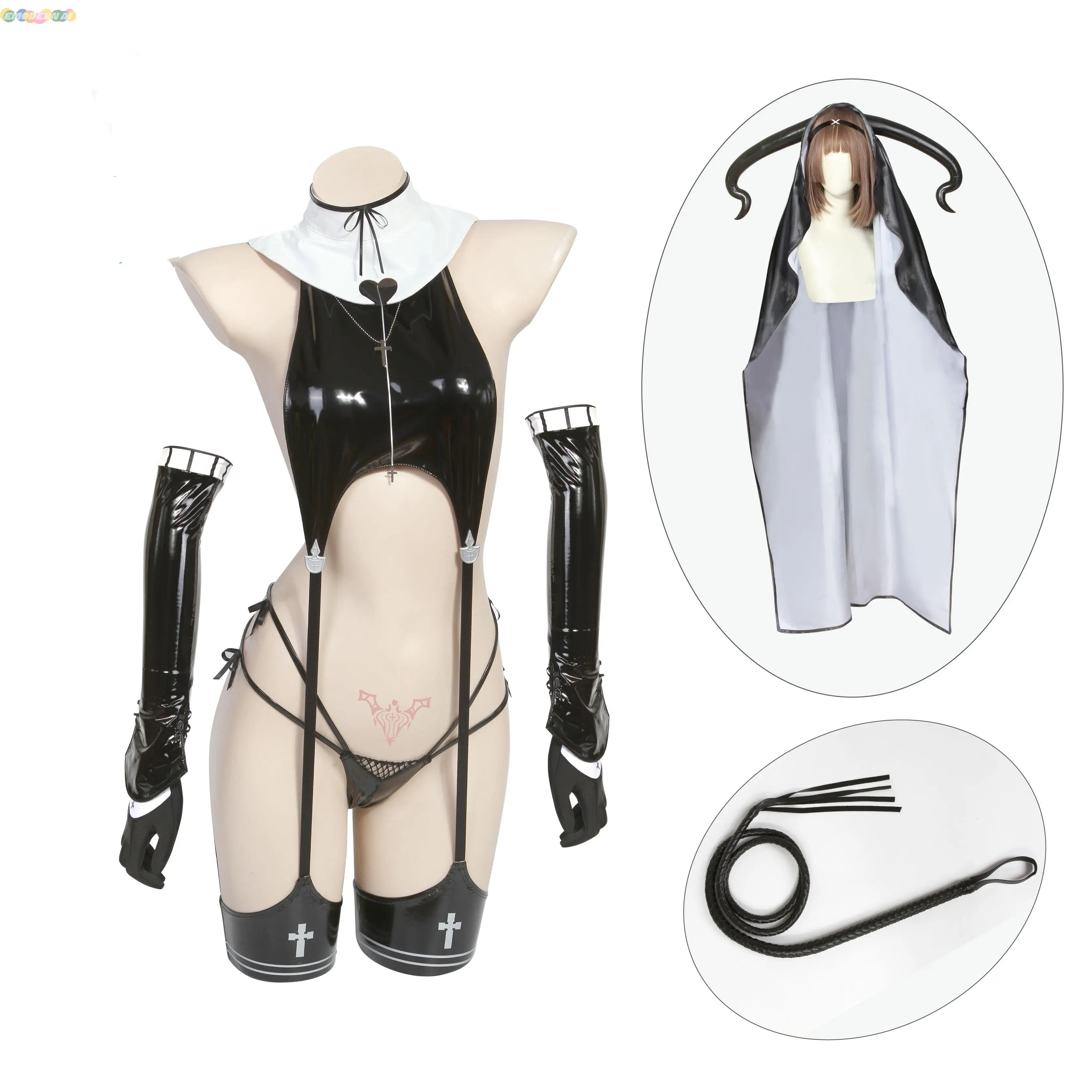 

Waimengshe Succubus Nun Sister Cosplay Costumes Original Dark Series Patenr Leather Jumpsuit Halloween Cossplay Sexy