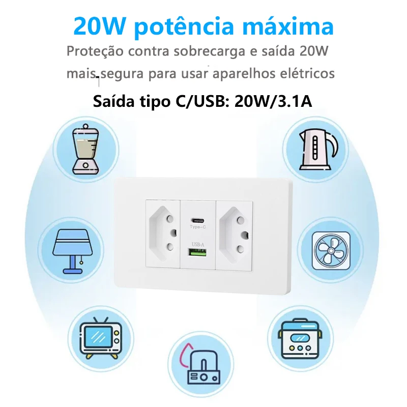 Brazylia Standard 20A Wtyczka z wtyczką USB typu C 20W, panel włącznika światła typu 118 Szybkie ładowanie Ścienna gniazdo elektryczne USB typu C