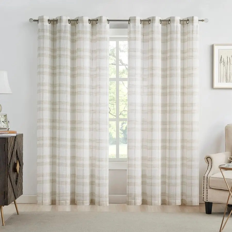 

Tan and White Buffalo Plaid Curtains 95 Inch Long Farmhouse Gingham Checkered Pattern Linen Sheer Curtains for Living Room Bedro