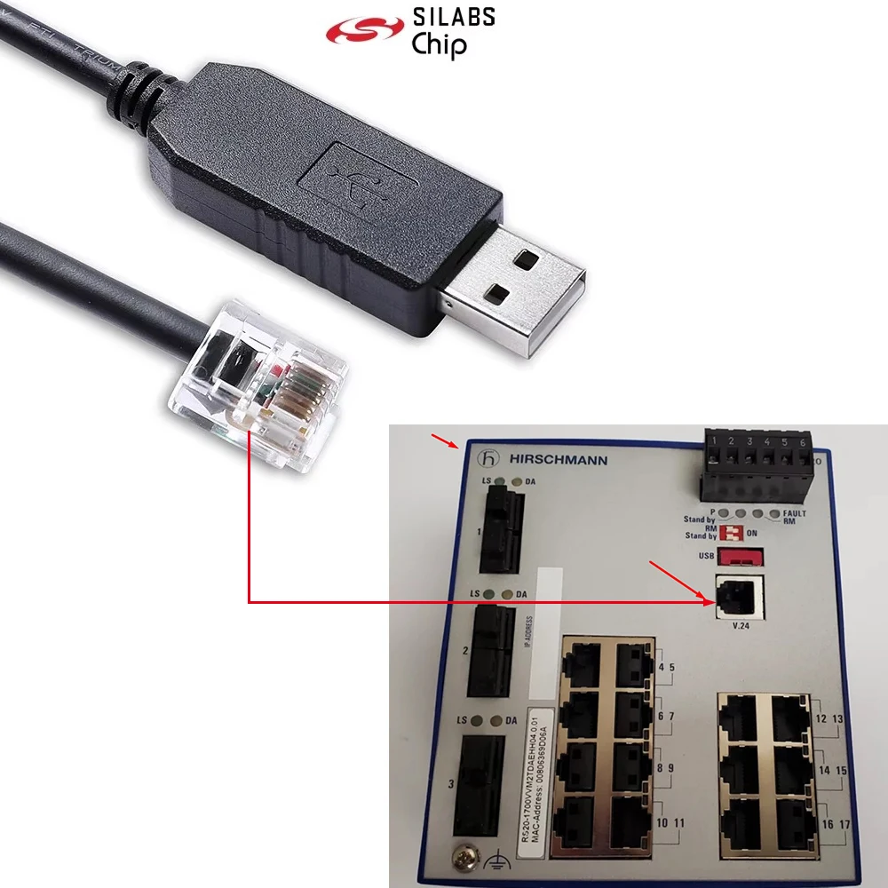 Hirschmann Managed Switch V.24 Configuration Cable – Silabs CP2102 USB to RJ11 Serial Adapter, RS232 Console Cable