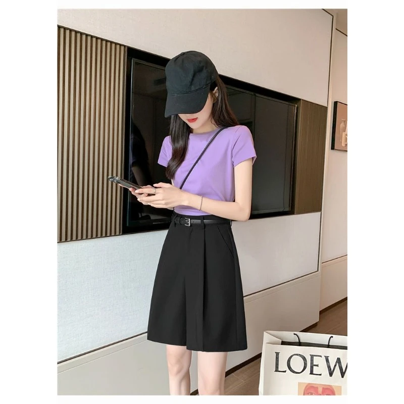 Women's New Summer Slim High-waisted Five-point Pants with Wide Leg Pants Casual Pants  High Appearance Level Loose Suit Shorts