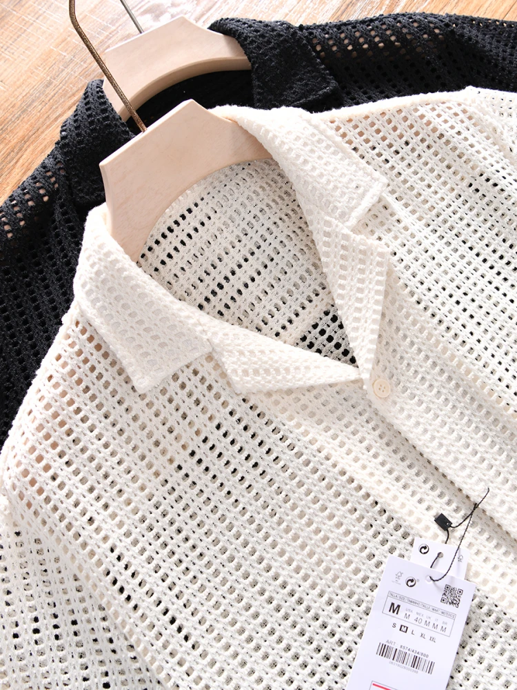 

Fashionable Cuban Collar Knitted Short Sleeve Shirt for Men Breathable Lightweight Summer Shirt Casual Chic Style Pure Color