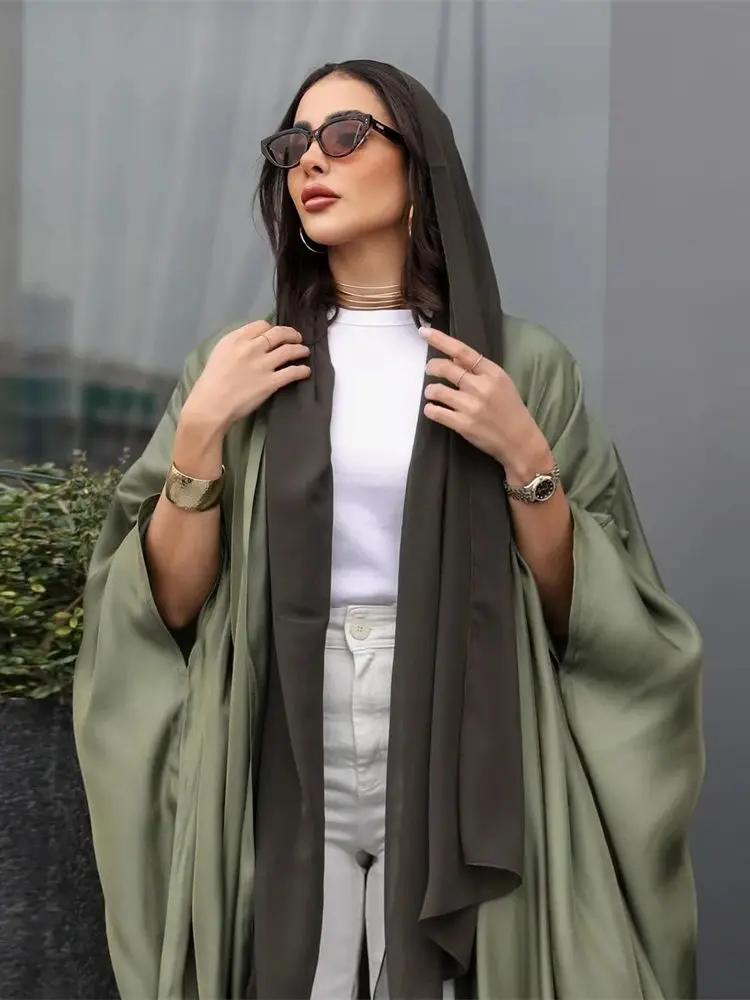 Eid Plain Satin Open Robe Kimono Femmes Musulmane Abaya Dubai Muslim Modest Long Dresses Islam Clothing Abayas For Women Kaftan