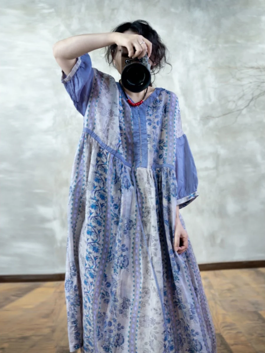 Artistic Blue And White Porcelain Print Dr Dstring Waist Seven Quarter Sve V-Ne Long Slimming A-Line Skirt