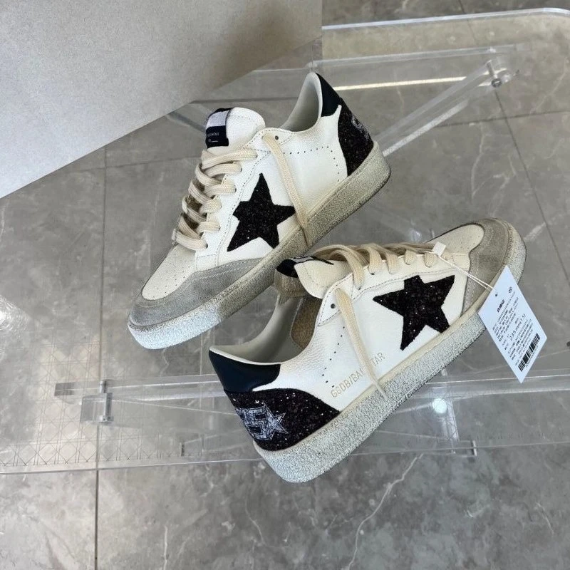 2025 خريف جديد ستار خمر الأحذية القذرة، الترتر المرقعة جلد طبيعي، أحذية رياضية نسائية كاجوال، أحذية بيضاء قذرة