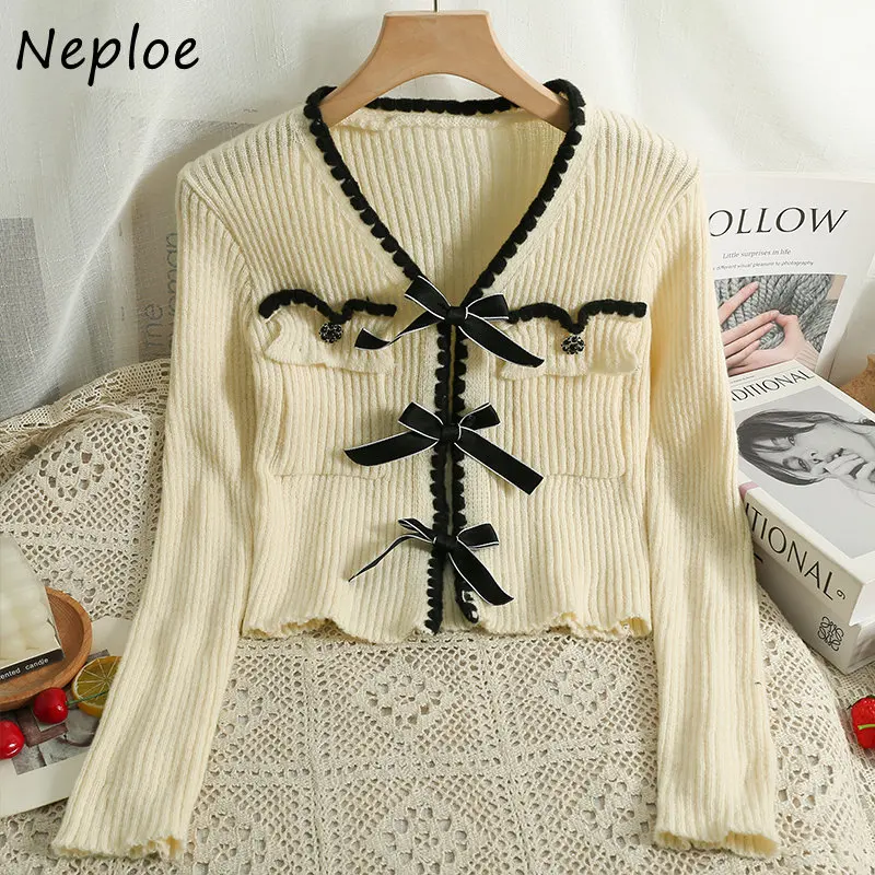 Neploe Autumn Winter Vintage Sweater Jacket V Neck Stripe Contrast Color Outerwear Bandage Bowknot Long Sleeve Cardigan Mujer