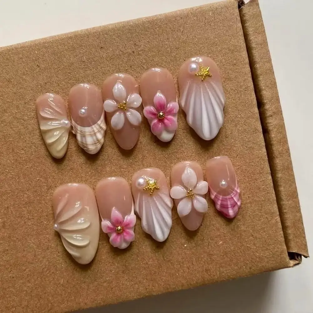 

Medium Almond 3D False Nails, Reusable ABS Press On Nails with French Design, Salon Quality Artificial Fingernails for Women