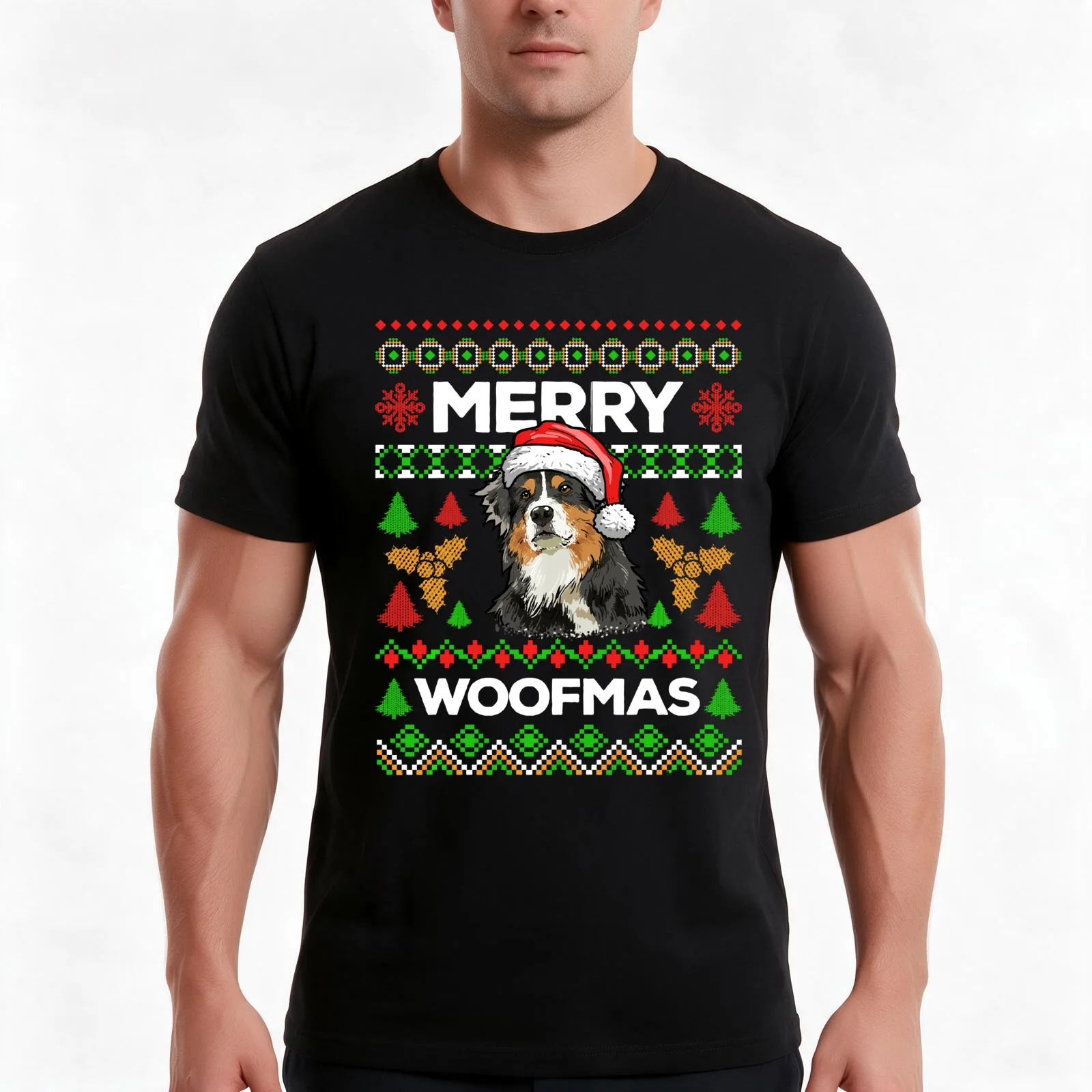 Merry Woofmas Ugly Sweater Christmas Australian Shepherd T-Shirt, Summer Casual Cotton Tee, Oversized Streetwear Tops