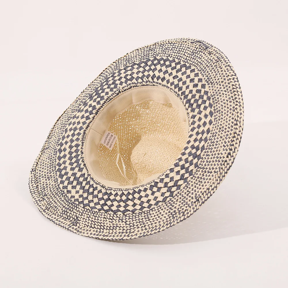 Vintage Spliced Pattern Woven Straw Hat Elegant Tassel Braid Decoration Lightweight Breathable Seaside Travel Sun Cap