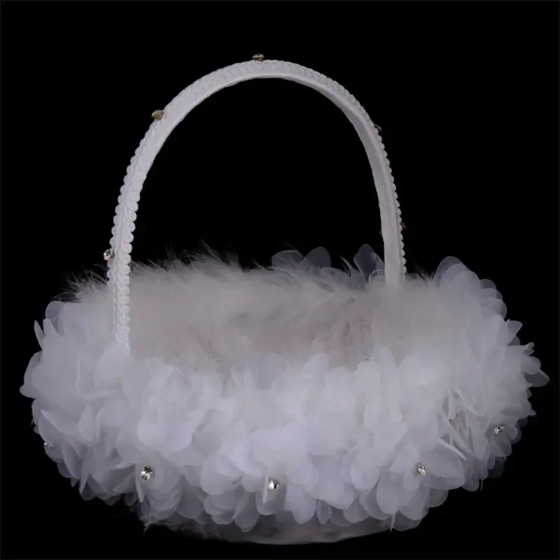 Flower Girl Baskets The Fabric Lace Decoration Cute Handle Flower Girl Basket White Flower Basket for Wedding Decoration