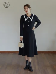 DUSHU Women's Winter Contrasting Retro Knitted Dress Shirt Collar Design Slim Black A-line Base Skirt Women All-match Long Dress