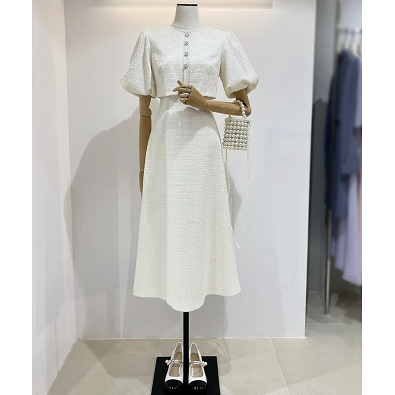 

Ele High Waist Midi Dr with Bubble Sves in Two Colors for Young Women Sli Commute Wear Polyester Fiber A-Line S...