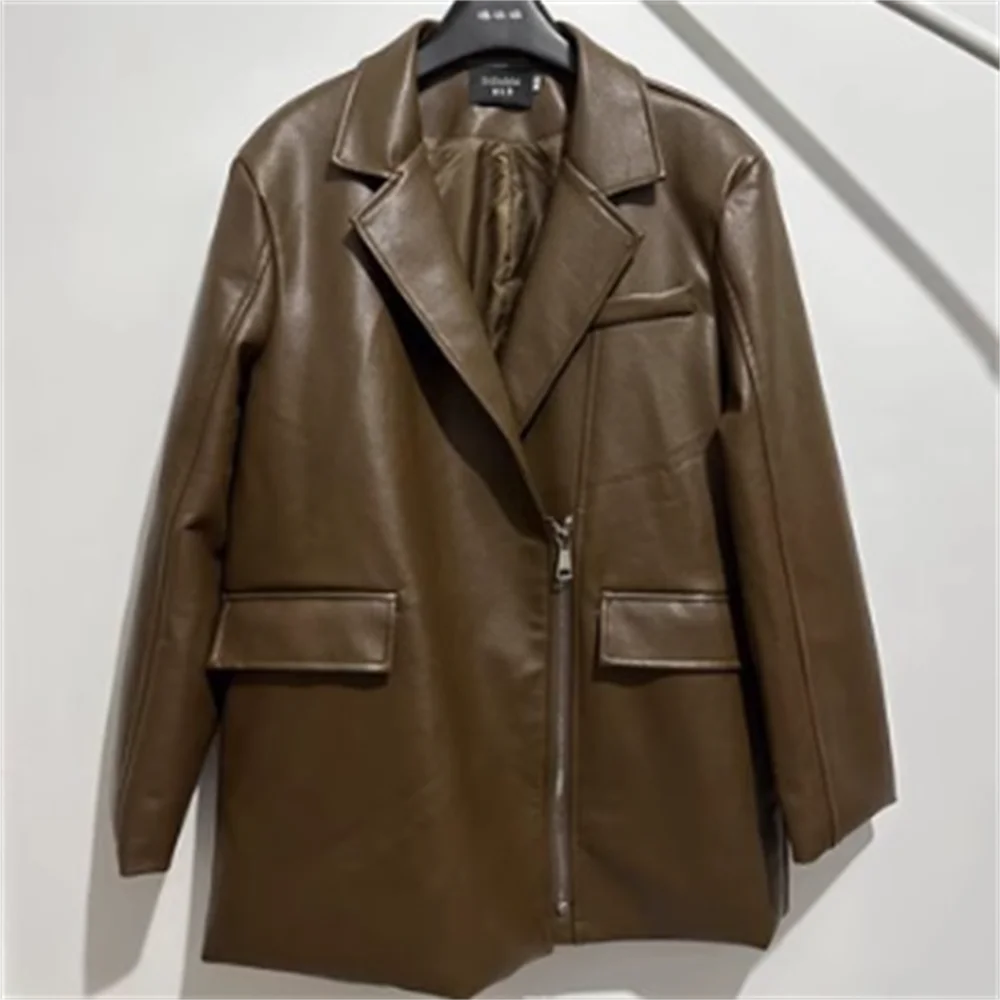 

Loose suit jacket new black long-sleeved PU leather coat woman