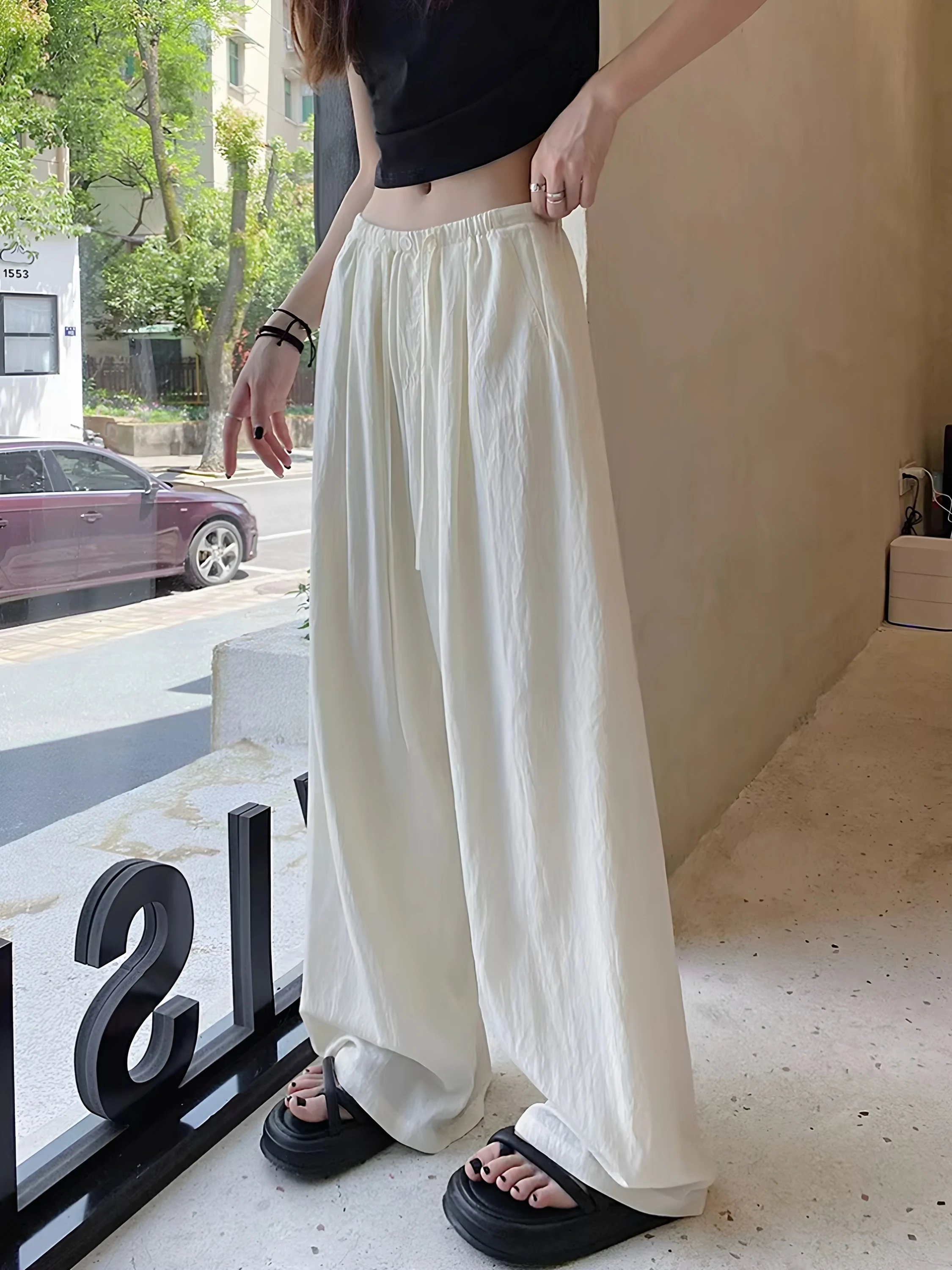 

White Wide Leg Pants Women Summer Thin Loose Drapey High Waist Casual Floor Length Trousers Lazy Style Casual Pants