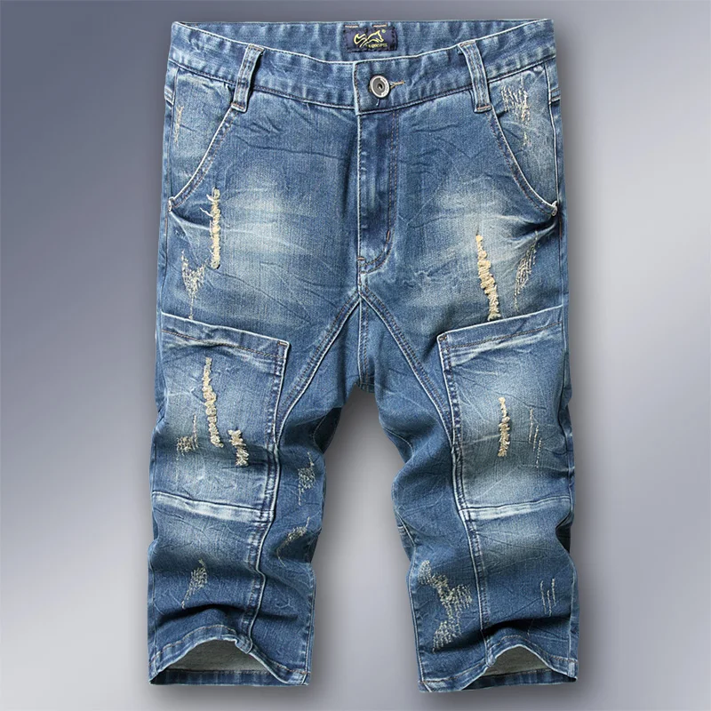 

Slim Fit Men's Jeans Cotton Stretch Summer orts Distred Straight Leg Korean Sle Seven-Foot Medium Waist Zipper Fly