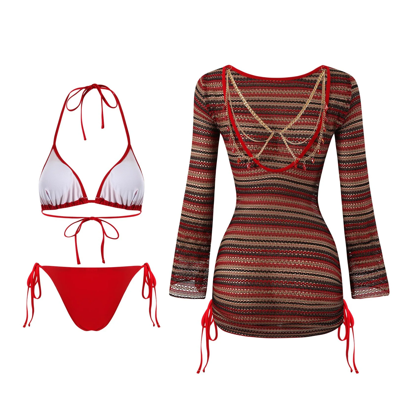 Striped Long-Sleeve Sun Protection Cover-Up Swimwear for Women Casual Loose Fit Beachwear