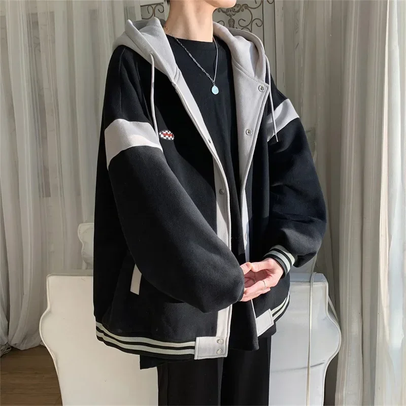 Y2k Fashion Hooded Sweatshirt For Women Thin Loose Patchwork Single Breasted Hoodies With Pocket Female Baseball Cardigan Jacket