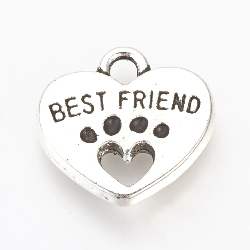 50pcs Tibetan Style Alloy Charms  Heart with Best Friend  Cadmium Free & Lead Free  Antique Silver  14.5x15x2.5mm  Hole: 2mm