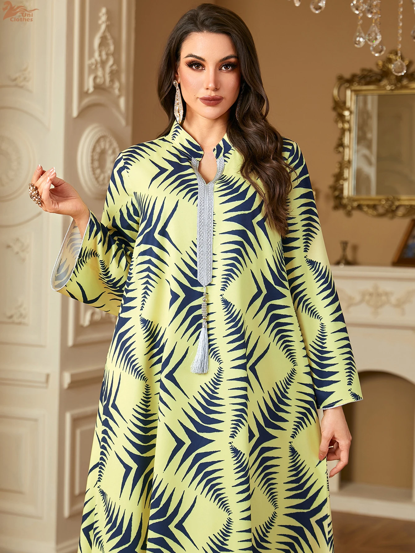 Uni ใหม่มุสลิมพิมพ์ลายดอกไม้ Maxi Abaya พู่แขนยาวชุด Caftan Marocain Femme 2025