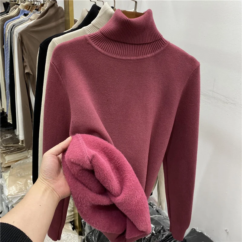 2025 New Korean Turtleneck Sweater Woman Winter Knitted Pullovers Thicken Fleece Lined Warm Knitwear Tops Female Sweater Jumper