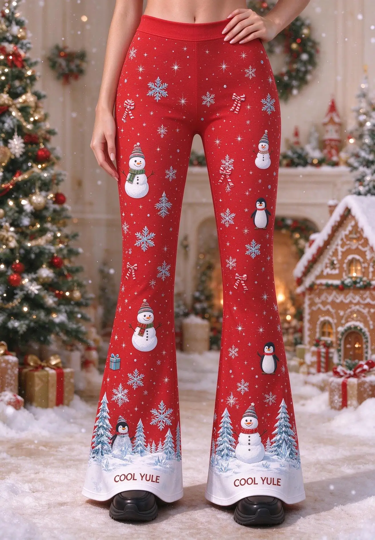 Women Mid-Rise Slim Flared Pants Christmas Red Snowman Penguin Snowflake Xmas Tree Print Stretch Bell Bottoms