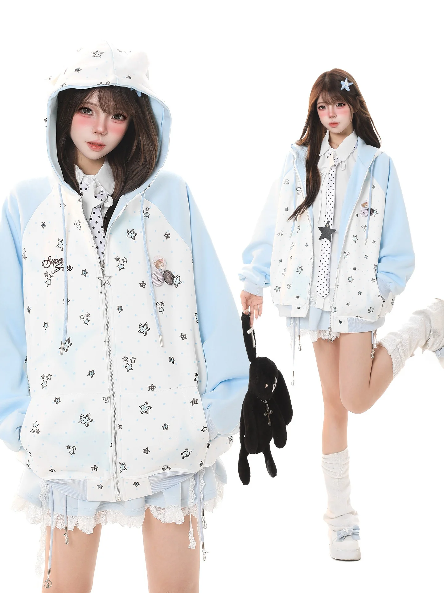 

Милый женский кардиган-толстовка с капюшоном и звездным принтом в студенческом стиле, весенний, свободного кроя, повседневная верхняя одежда с эффектом омоложения