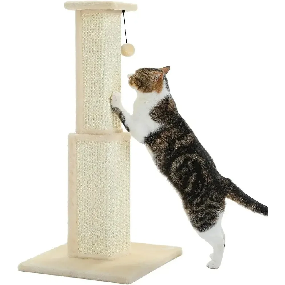 

Scratching post for indoor cats, large base, removable dangling ball, beige