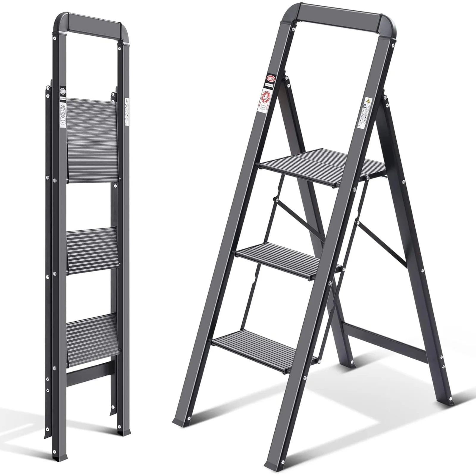 US  Step Ladder, 3 Steps, Folding Step Ladder with Handrail, Non-Slip Household Ladder with Anti-Folding Mechanism, Aluminium