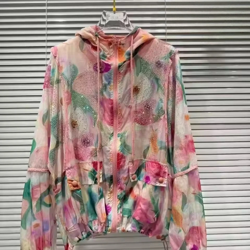 

Sparkle Rhinestones Women Hooded Jacket Spring Summer Sun-proof Loose Casual Zipper Thin Loose Outerwear Female Clothes