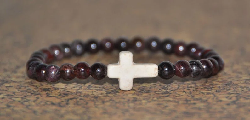 Red Garnet & Natural White Howlite Gemstone Cross Bracelet, January Birthstone Elastic Bracelet, Relieves Anxiety/Worry Heals