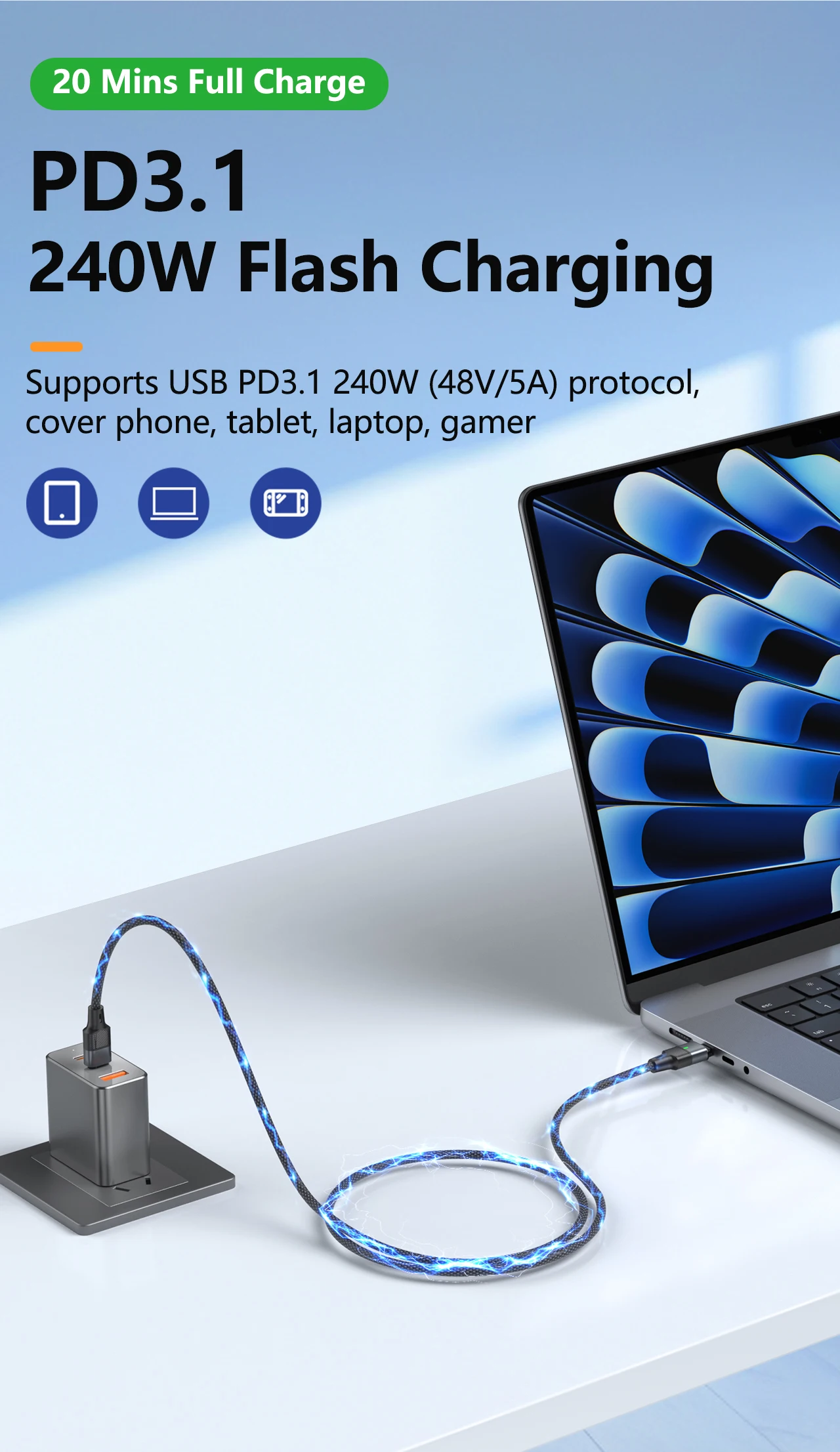 Boxiang Magnetic Plug 240W 48V5A Magnetic USB-C Cable PD3.1Fast Charge 120Gbps High Speed Data Sync Dual Use Type C Charger Wire