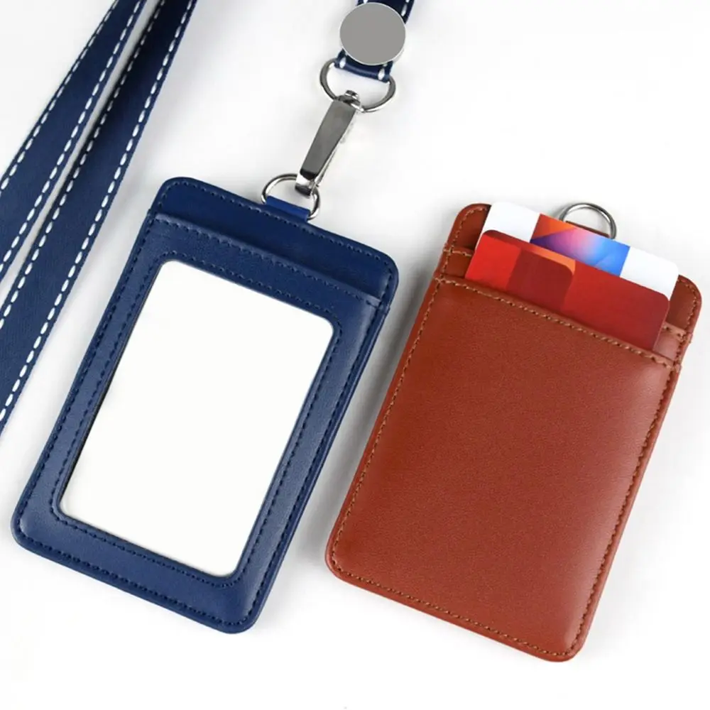 Carabiner Style Genuine Leather Card Badge Holder With Lanyard Three Card Position ID Lanyard Name Tag Key Chain Card Bag