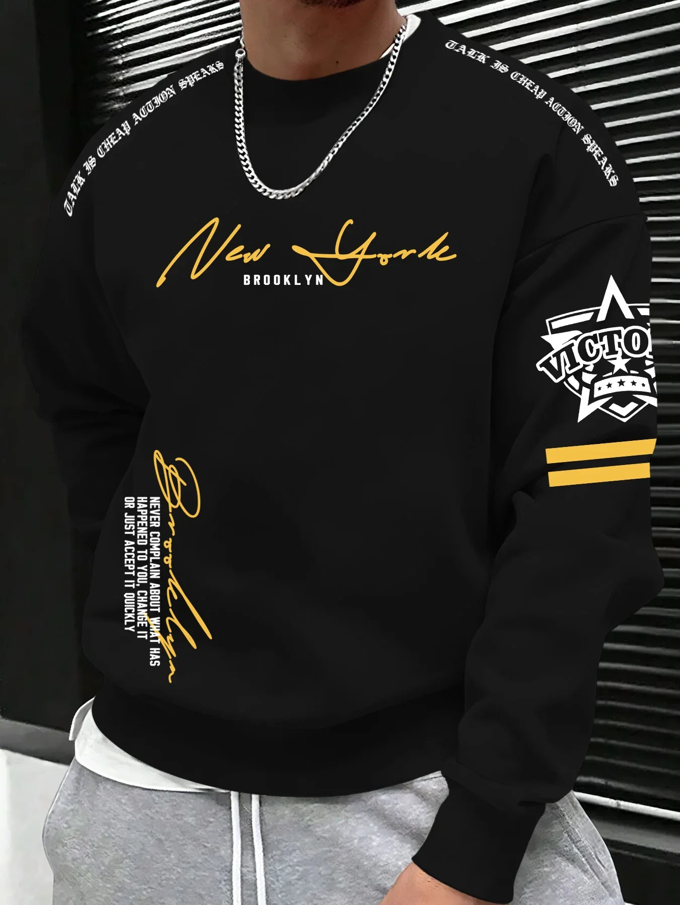 Herren Freizeitpullover mit Rundhalsausschnitt und langen Ärmeln, Sweatshirt mit New York Brooklyn Schriftzug- und Abzeichen-Grafikdruck, S-XXL – Detail 4
