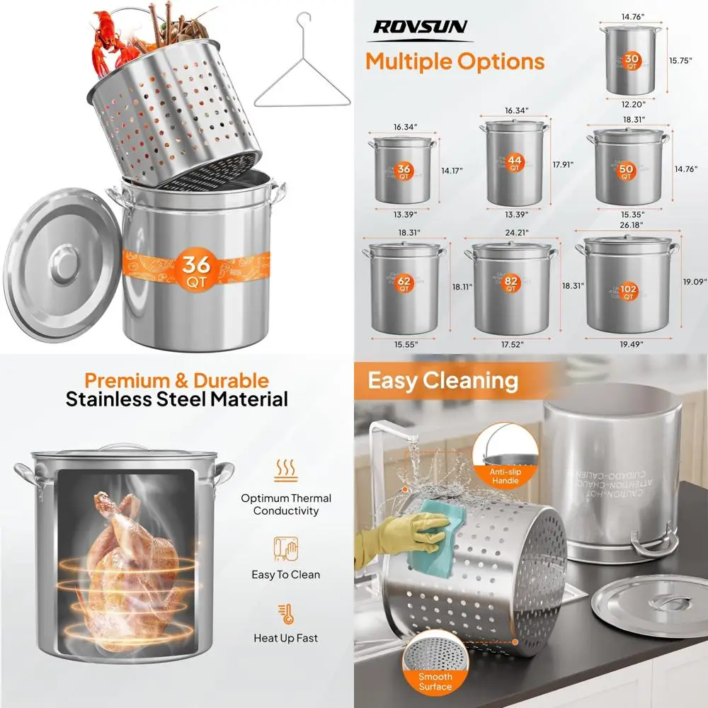 

Stainless Steel 36-Quart Seafood Boil Pot with Strainer Basket and Lid, Perfect for Crab, Lobster, Shrimp Boil, Versatile Cookin