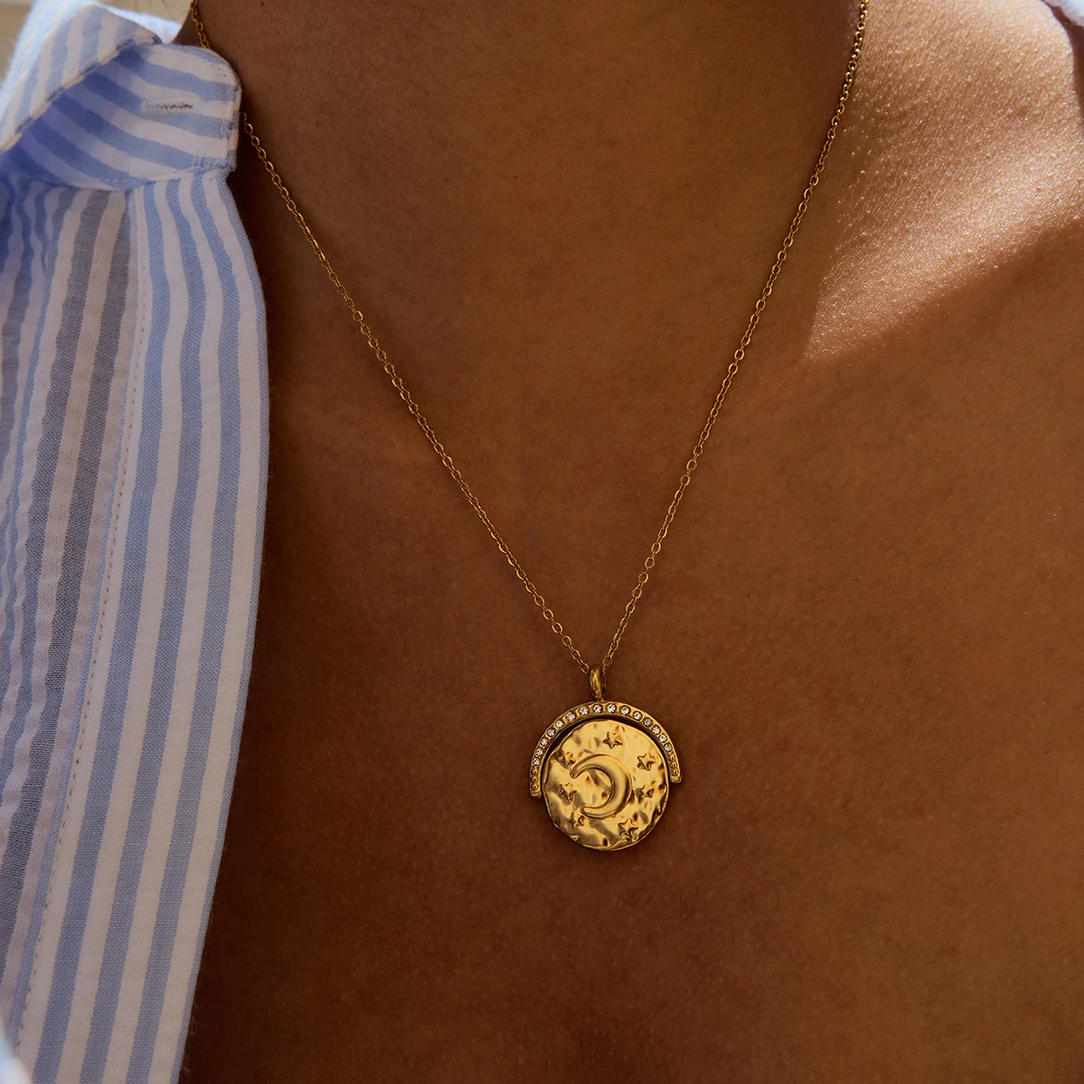 Coin Necklace Delicate - Yori เรียบง่ายที่ละเอียดอ่อน Star Moon เหรียญสร้อยคอจี้ทอง 18K