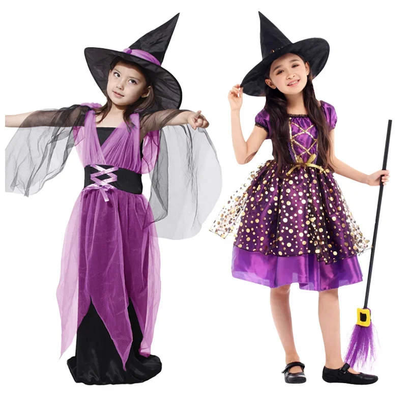 

FC6Halloween Girl Scary Cosplay Tulle Clothes Outfit Purple Witch Stage Performance Outfit with Hat for age 5-10@FC8！