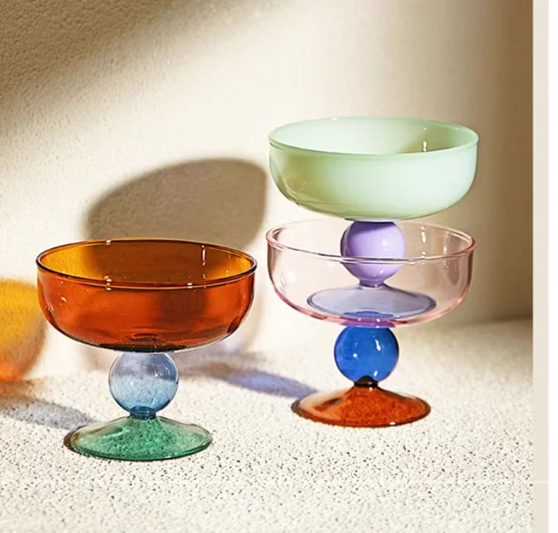 Round Bowl Goblet Dessert Glass Mug S-shaped Cup Stem Ice Cream Bowl Cup Milkshake Dessert Cup Colored Borosilicate  Glass