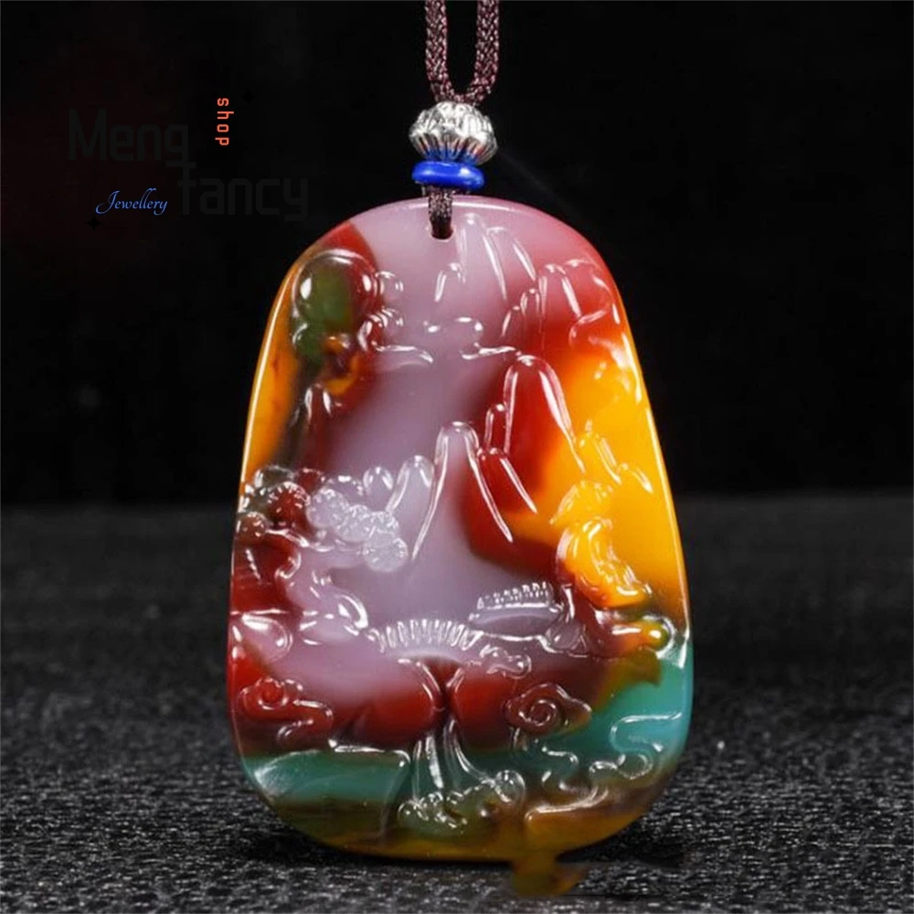 Natural Hetian Jade Seven Colors Pendant With Rose Ruyi Eight Trigrams Zodiac Dragon National Style High-grade Fashion Jewelry