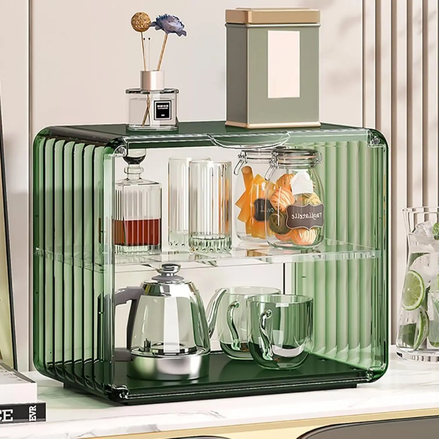 

Modern 2-Tier Green & Transparent Acrylic Desk Organizer Storage Rack with Adjustable Partitions – Space-Saving Office,