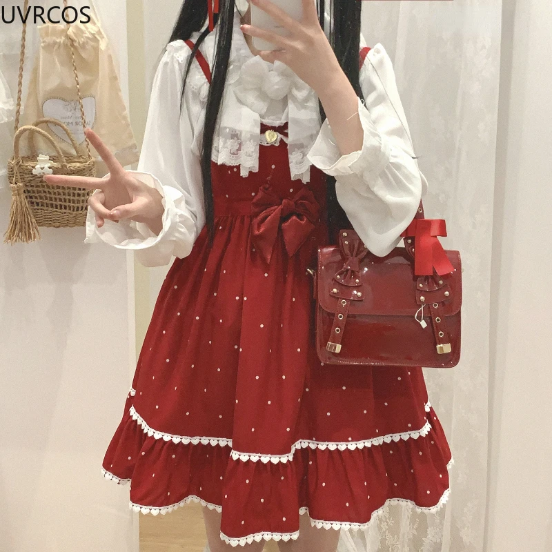 Japanese Kawaii Lolita Style Jsk Dress Women Sweet Bow Polka Dot Print Princess Dresses Cute Lace Ruffles Sleeveless Party Dress