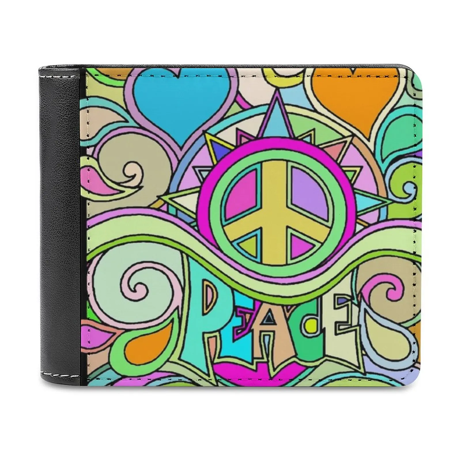 Psychedelic Hippy Retro Peace Art Leather Wallet Men's Wallet Purse Money Clips Hippie Flower Power Peace Retro Colorful Sign