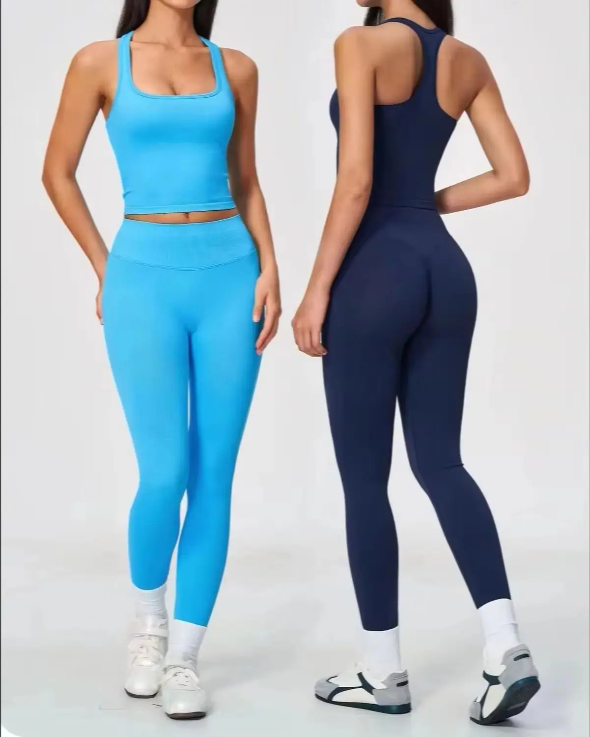 Women 2 Piece Yoga Set Sexy Racerback Long Tank Crop Top High Waist Leggings Seamless Ribbed Gym Workout Fitness Activewear Suit