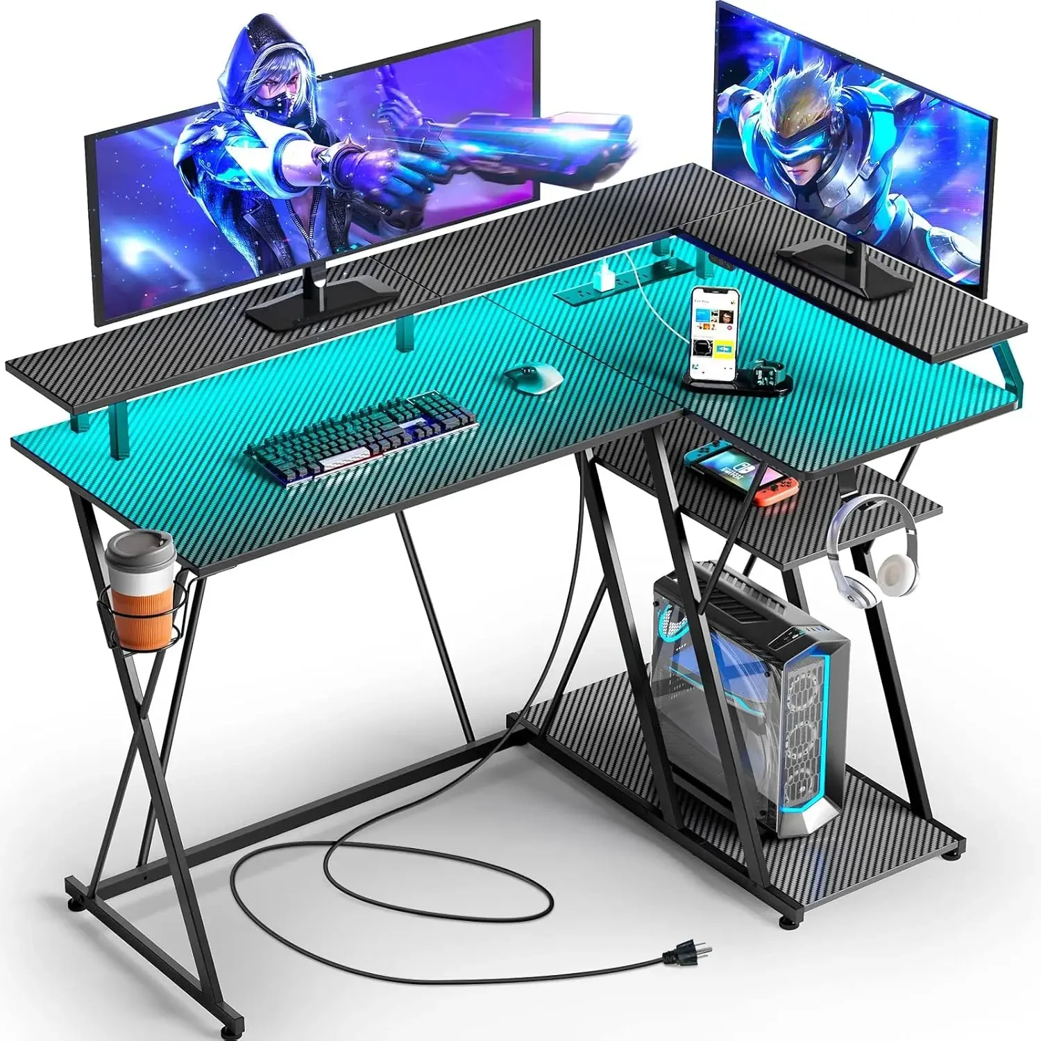 

Shaped Gaming Desk with LED Lights & Power Outlets, 43” Reversible Corner Desk with Storage Shelf, Computer Desk