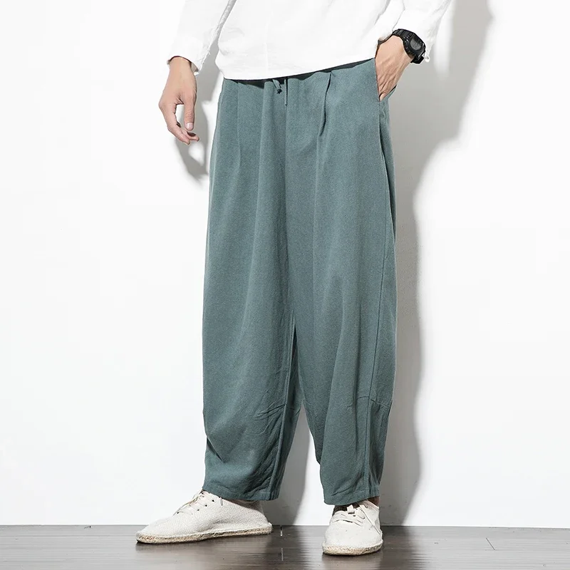 

Chinese Style Cotton Linen Pants Men Summer Men Casual Loose Harem Pants Mens Solid Street Jogging Elastic Waist Trousers Man