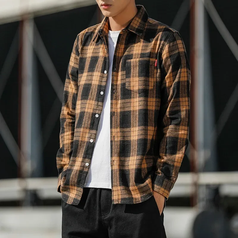 Harajuku Plaid Shirts Men Spring 2021 Autumn Winter High Quality Casual Flannel Men Oversized Loose Retro Long Sleeve Shirts New