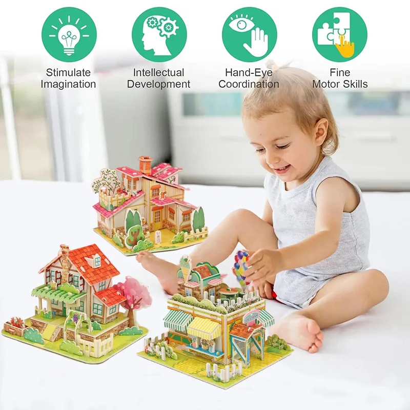 Cardboard 3D Puzzle For Children Smart 3D Paper Jigsaw Puzzle Game House DIY Construction Models Kids Handmade Educational Toys